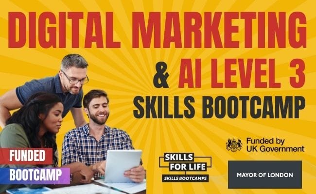 Intech Centre: Celebrating 27 Years of Service 7 Intech Centre Digital Marketing and AI Level 3 Skills Bootcamp course artwork with funding logos